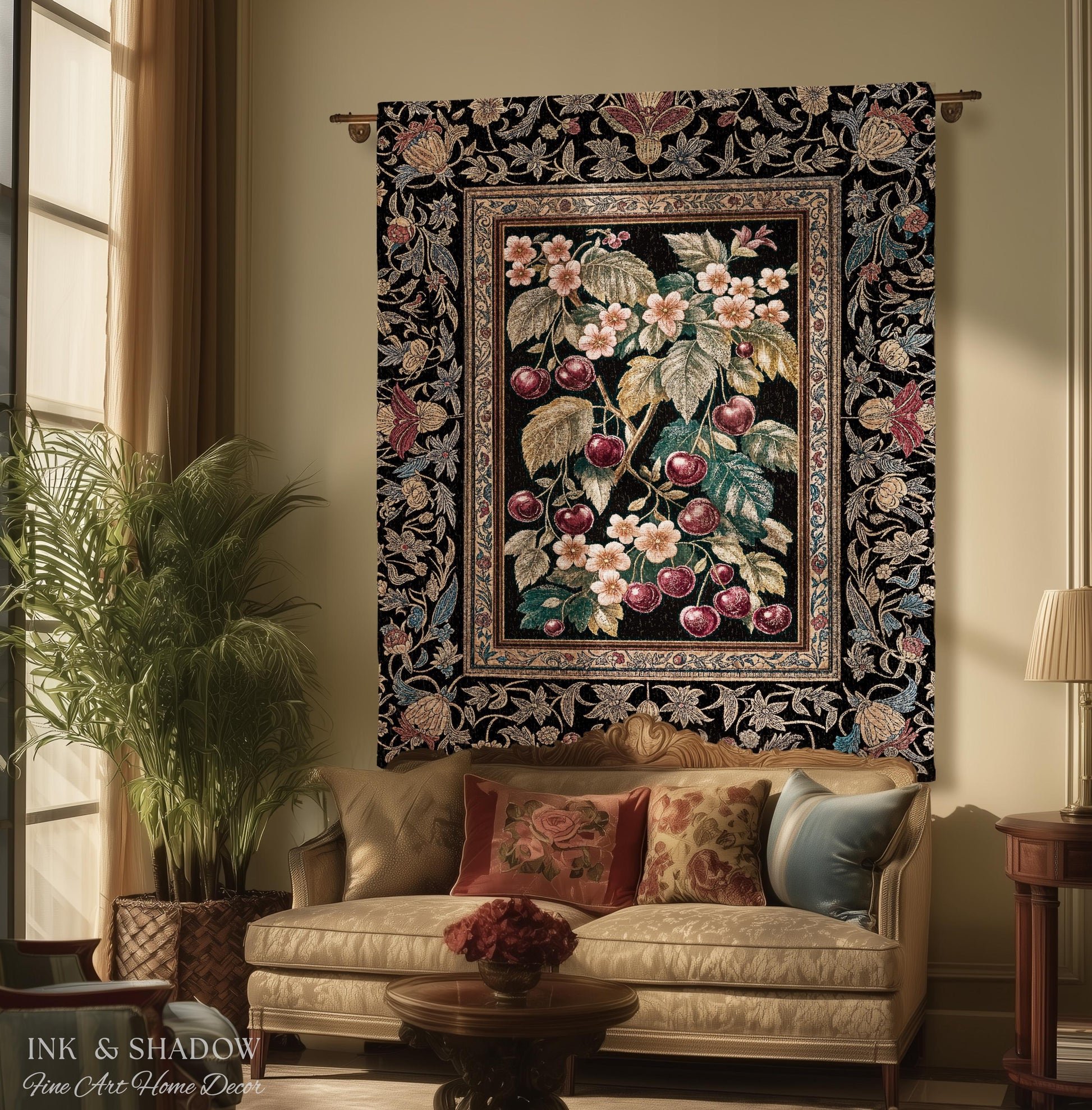 Dark Romantic Cherry Blossom Throw Blanket | Vintage Botanical Gothic Floral Design Moody Garden Accent Baroque Cottagecore Woven Tapestry |