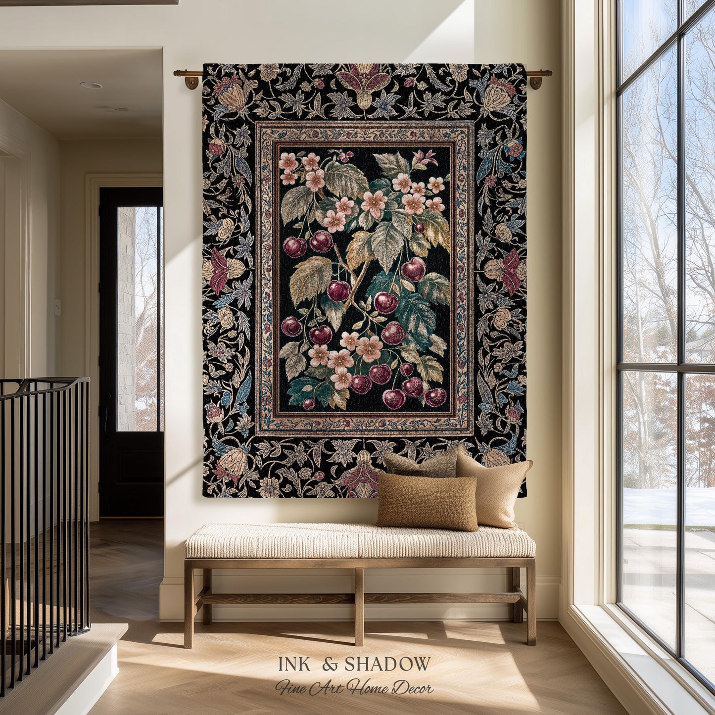 Dark Romantic Cherry Blossom Throw Blanket | Vintage Botanical Gothic Floral Design Moody Garden Accent Baroque Cottagecore Woven Tapestry |