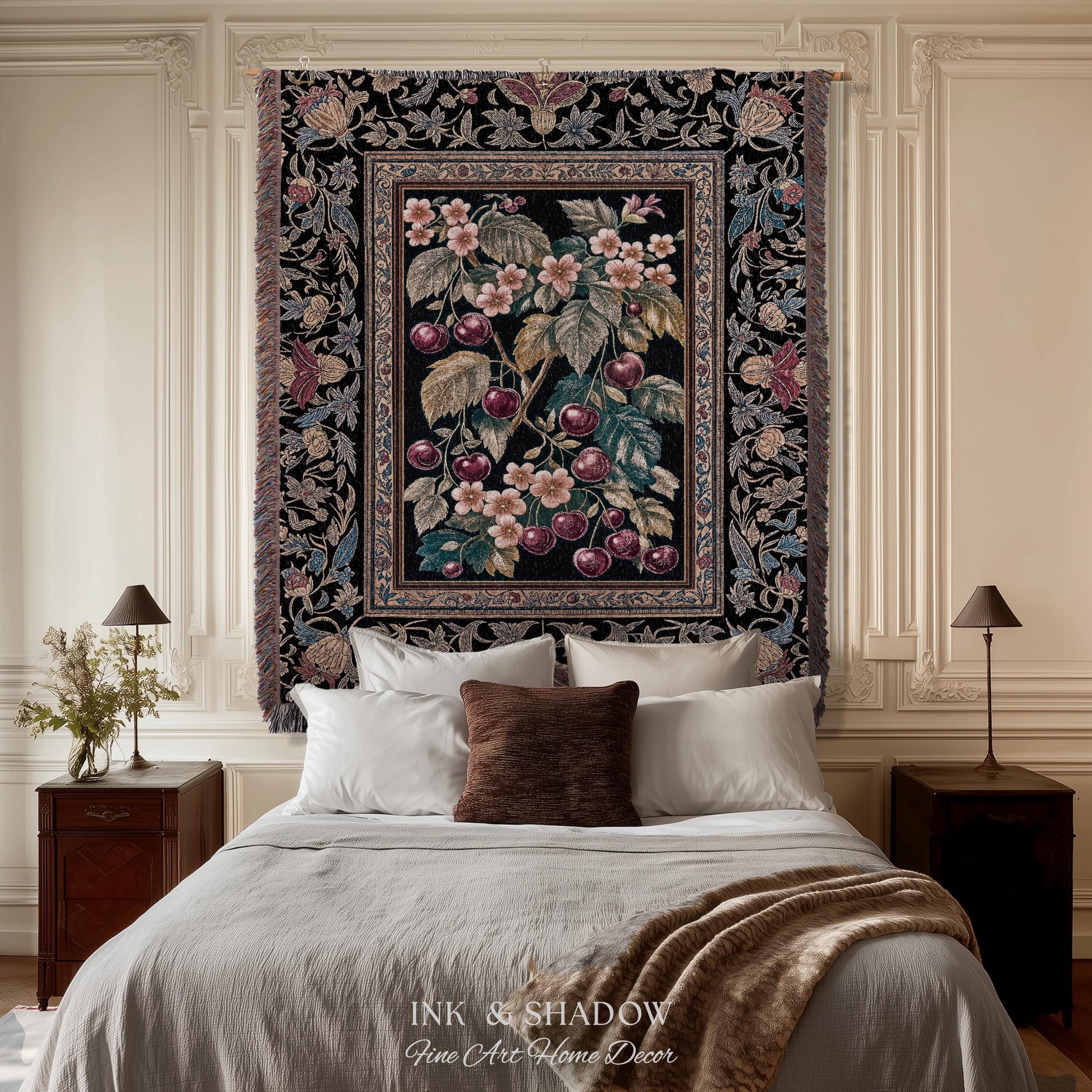 Dark Romantic Cherry Blossom Throw Blanket | Vintage Botanical Gothic Floral Design Moody Garden Accent Baroque Cottagecore Woven Tapestry |