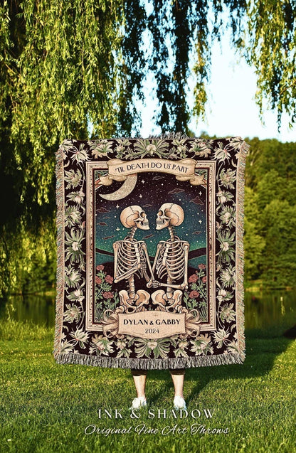 May include: A decorative throw blanket featuring a romantic gothic design. The image shows two skeletons holding hands under a starry night sky, with the text "'TIL DEATH DO US PART" and the names "DYLAN & GABBY" and the year "2024".