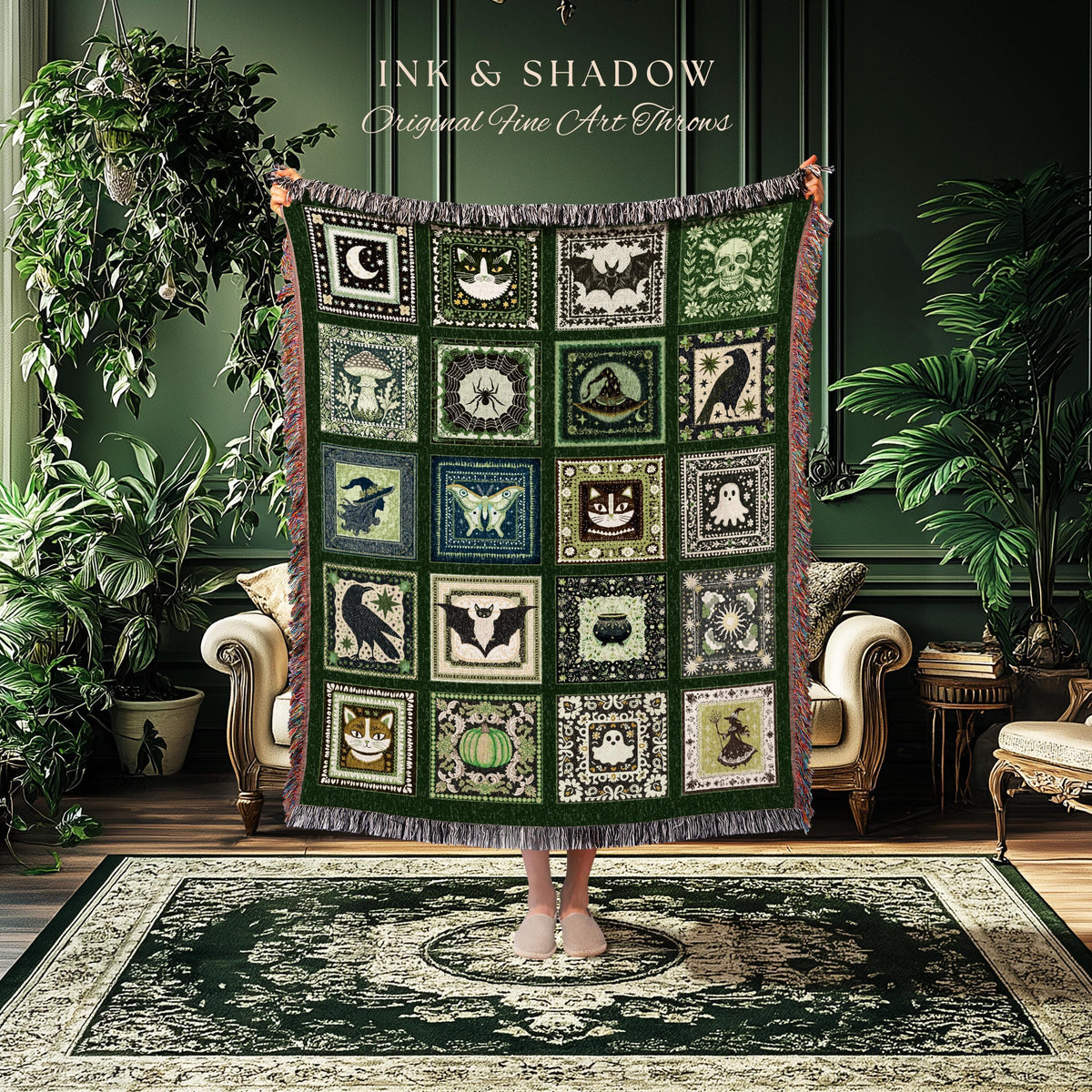 Folk Art Patchwork Green Woven Tapestry Throw Blanket Wall Hanging | Cottage Goth Halloween Spooky Season Goblincore Decor Cozy Whimsy Home