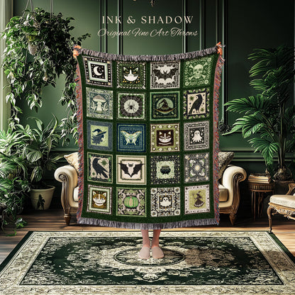 Folk Art Patchwork Green Woven Tapestry Throw Blanket Wall Hanging | Cottage Goth Halloween Spooky Season Goblincore Decor Cozy Whimsy Home