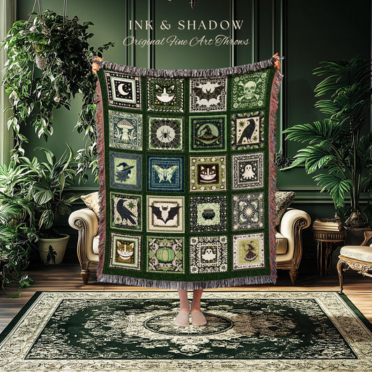 Folk Art Patchwork Green Woven Tapestry Throw Blanket Wall Hanging | Cottage Goth Halloween Spooky Season Goblincore Decor Cozy Whimsy Home