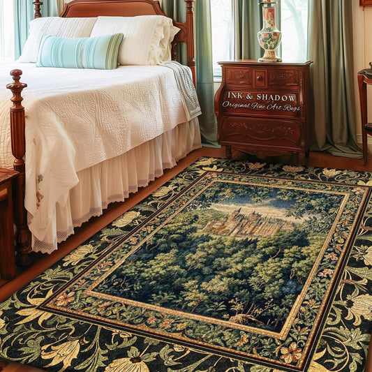 May include: A rectangular area rug with a detailed landscape scene of a castle surrounded by trees. The rug has a dark background with floral and leaf patterns around the edges. The text "INK & SHADOW Original Fine Art Rugs" is visible.