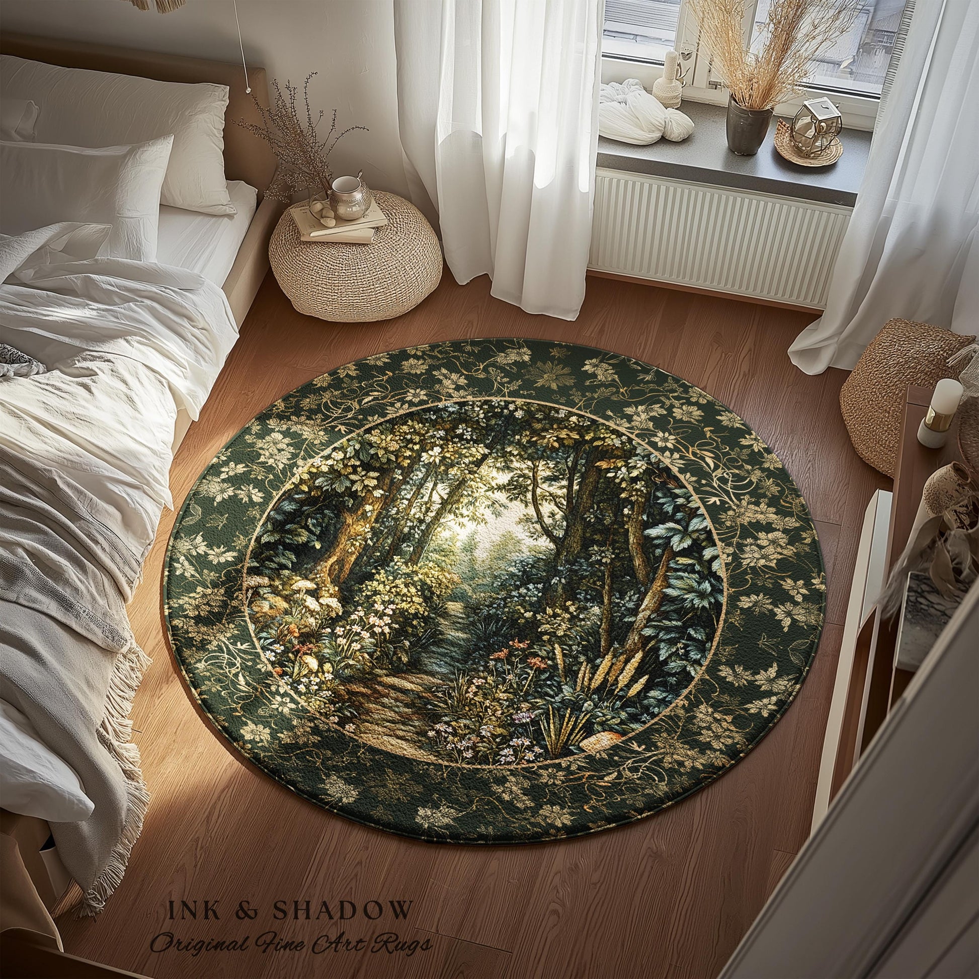 May include: A round area rug with a forest scene. The rug features a dark green border with floral patterns and a central image of a path through a forest. The text "INK & SHADOW Original Fine Art Rugs" is at the bottom.