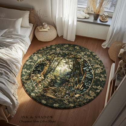May include: A round area rug with a forest scene. The rug features a dark green border with floral patterns and a central image of a path through a forest. The text "INK & SHADOW Original Fine Art Rugs" is at the bottom.