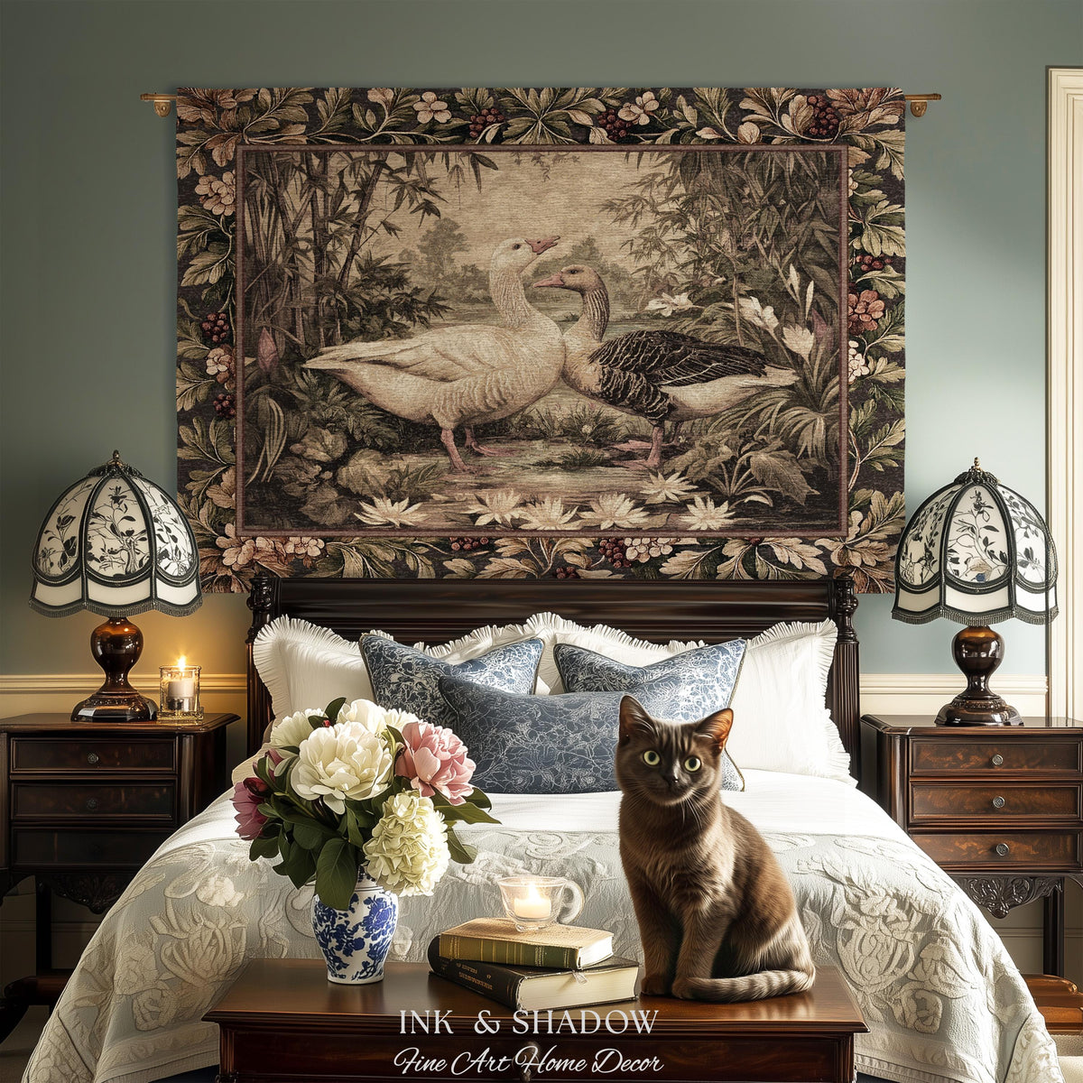Storybook Bamboo Pond Goose Tapestry Woven Wall Art | Botanical Waterlily Landscape Old World Throw Blanket Classic Bird Lover Textile Decor