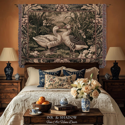 Romantic French Pastoral Geese Tapestry Woven Wall Hanging | Farmhouse Cottage Countryside Floral Wetland Landscape Heirloom Throw Art Decor