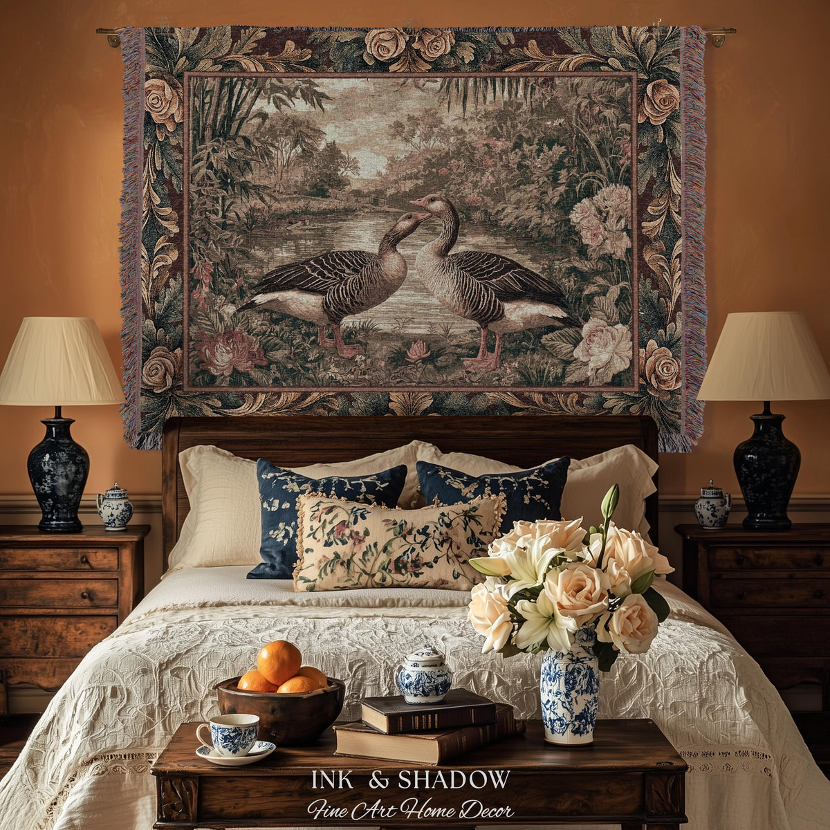 Elegant Rustic Riverside Goose Verdure Tapestry Wall Hanging | Traditional Romantic Cottage Floral Bird Lovers Throw Woven Textile Art Decor