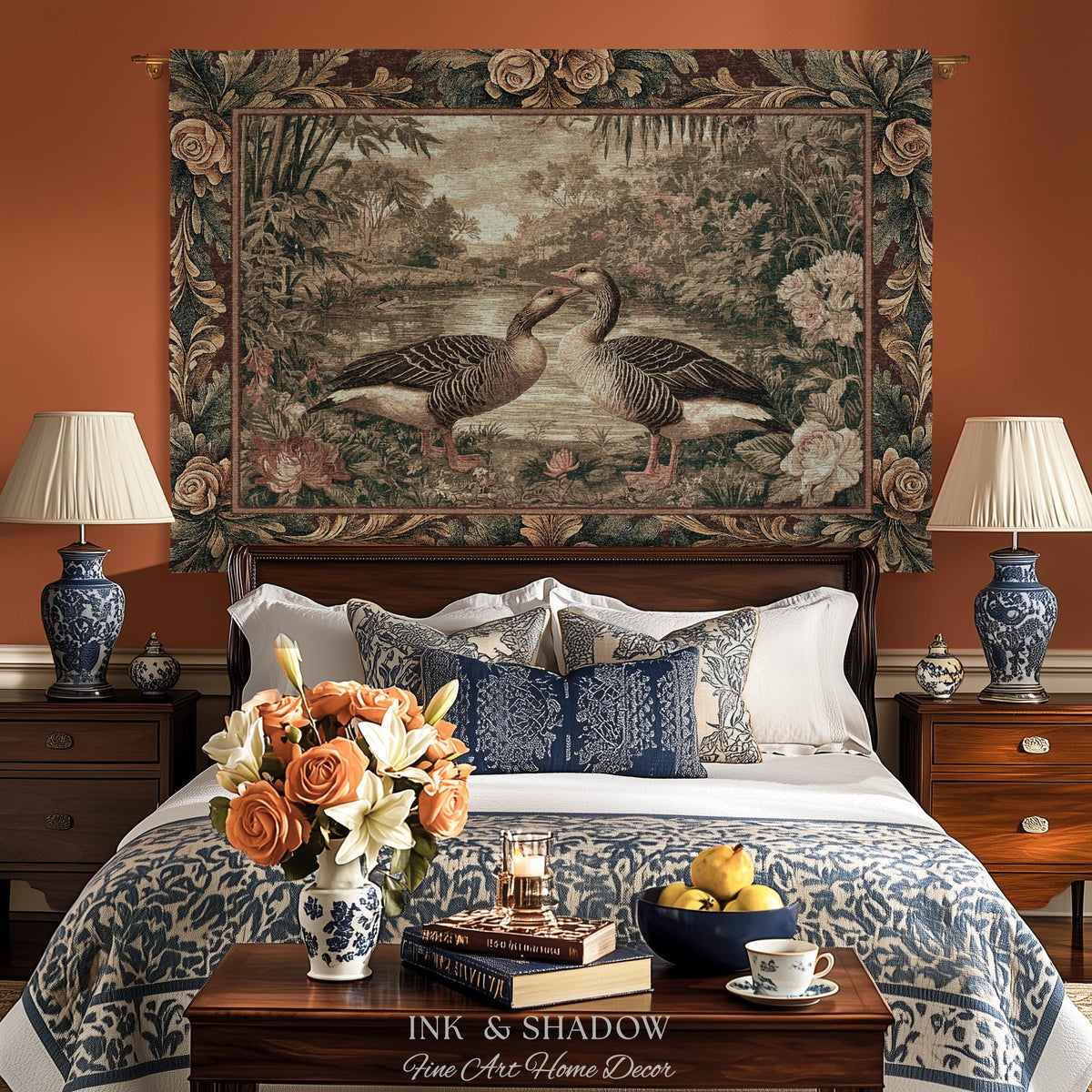 Elegant Rustic Riverside Goose Verdure Tapestry Wall Hanging | Traditional Romantic Cottage Floral Bird Lovers Throw Woven Textile Art Decor