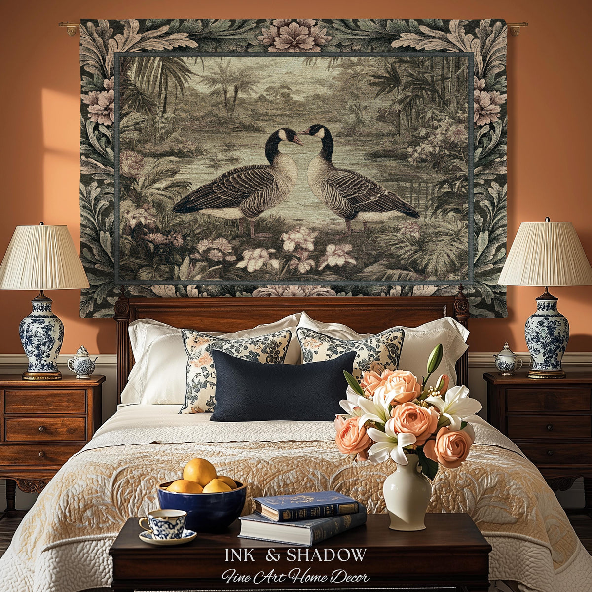 Misty Lake Moody Landscape Heritage Floral Geese Woven Wall Art | Quiet Elegance Foggy Nature Botanical Bird Tapestry Timeless Throw Blanket