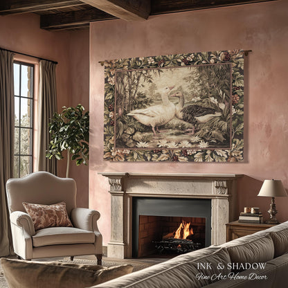 Storybook Bamboo Pond Goose Tapestry Woven Wall Art | Botanical Waterlily Landscape Old World Throw Blanket Classic Bird Lover Textile Decor