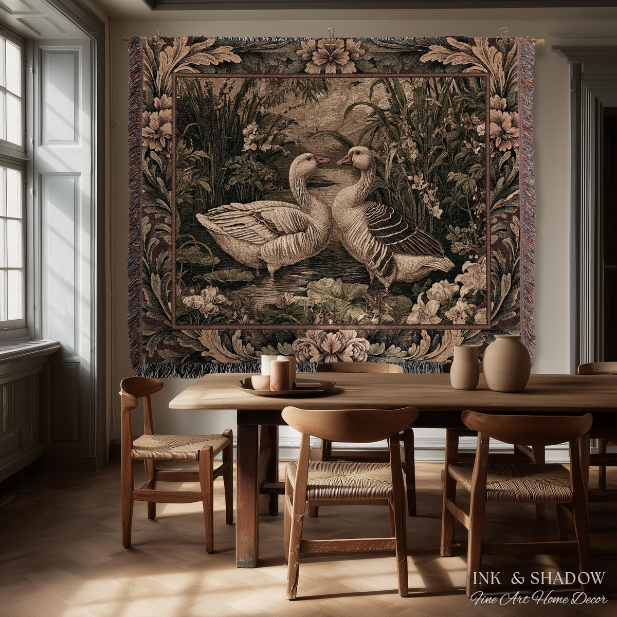 Romantic French Pastoral Geese Tapestry Woven Wall Hanging | Farmhouse Cottage Countryside Floral Wetland Landscape Heirloom Throw Art Decor