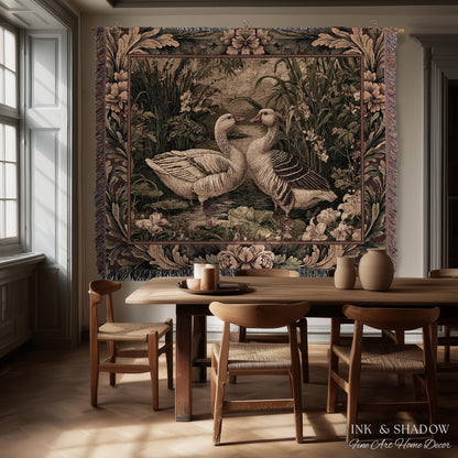 Romantic French Pastoral Geese Tapestry Woven Wall Hanging | Farmhouse Cottage Countryside Floral Wetland Landscape Heirloom Throw Art Decor