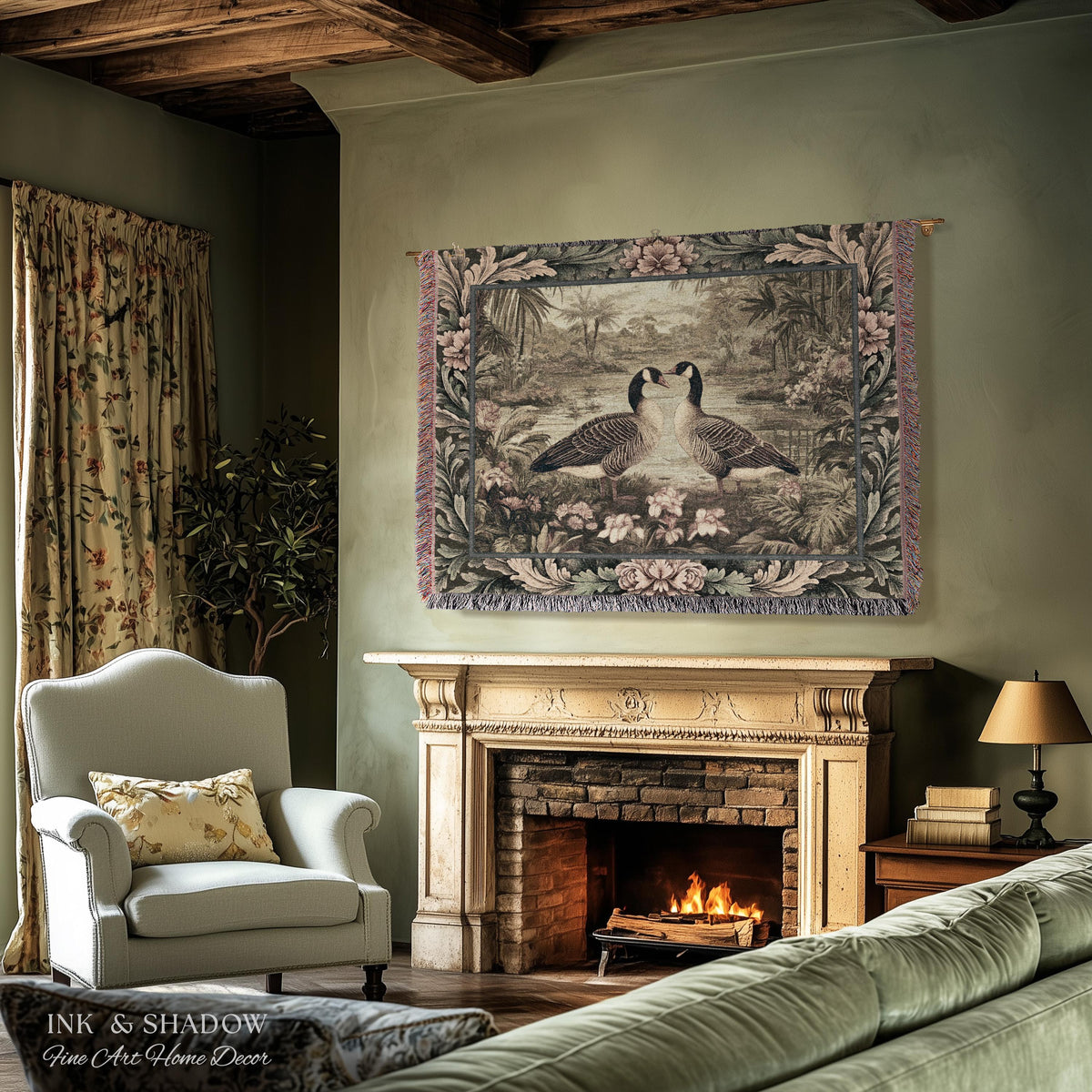 Misty Lake Moody Landscape Heritage Floral Geese Woven Wall Art | Quiet Elegance Foggy Nature Botanical Bird Tapestry Timeless Throw Blanket