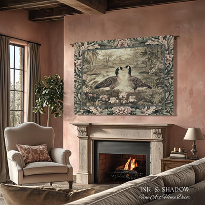 Misty Lake Moody Landscape Heritage Floral Geese Woven Wall Art | Quiet Elegance Foggy Nature Botanical Bird Tapestry Timeless Throw Blanket