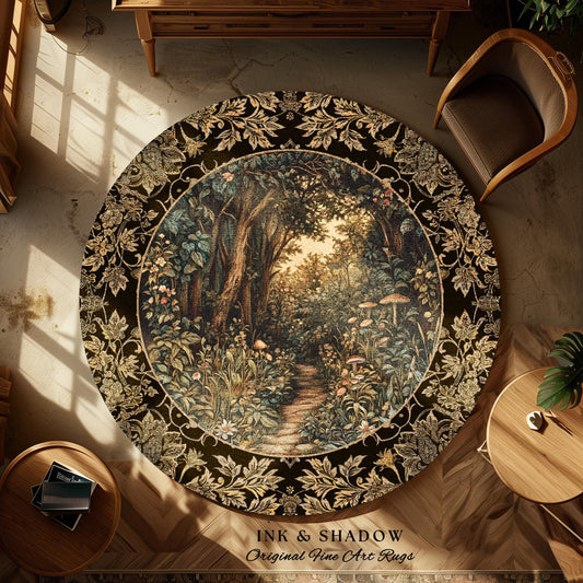 May include: Round area rug featuring a forest scene with a path leading into the woods. The rug has a black border with a floral design. The text "INK & SHADOW Original Fine Art Rugs" is at the bottom of the rug.