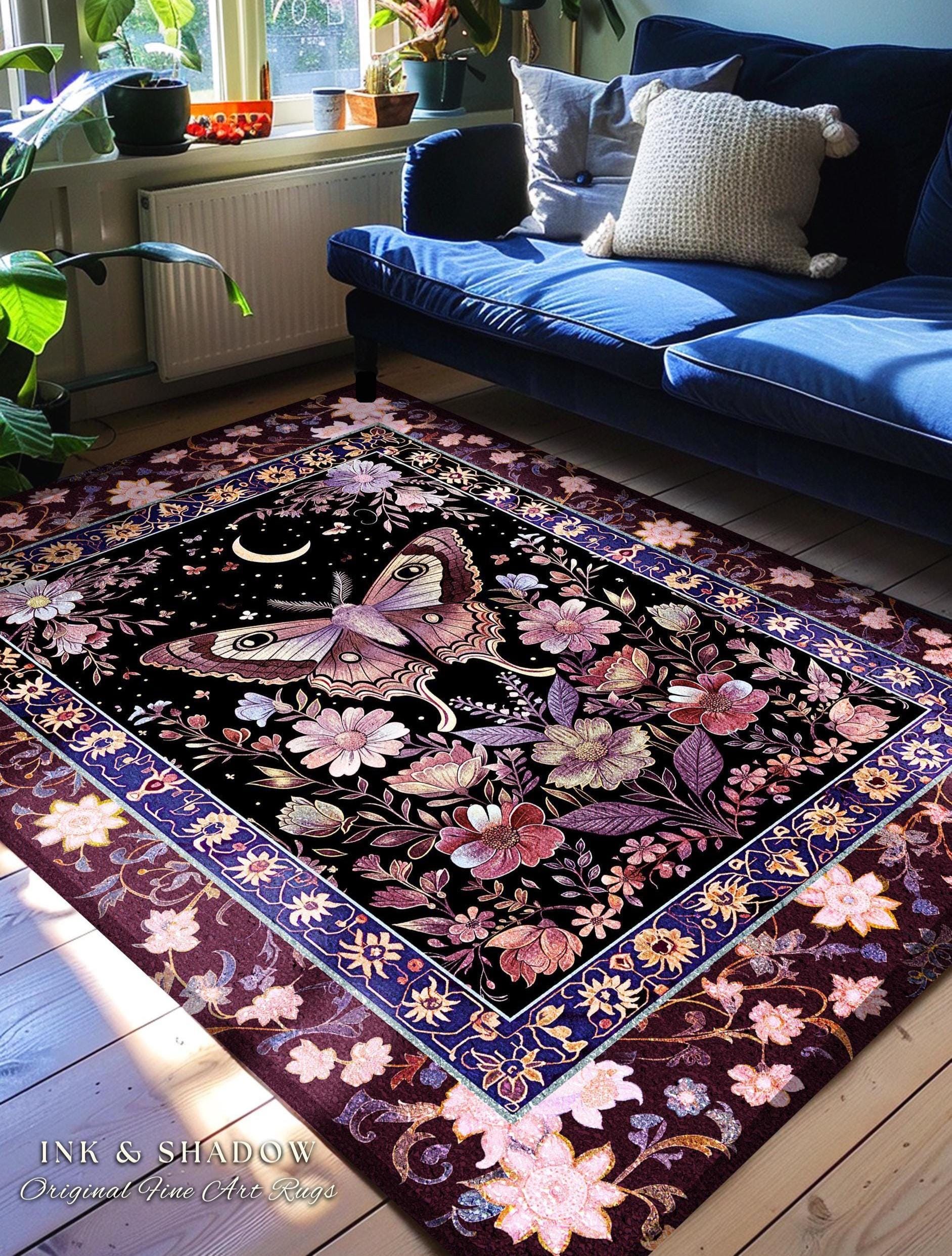 Purple Moth Celestial Rug Boho Fairycore Dark Floral Decor | Enchanted Fairy Cottagecore Butterfly Lovers Moth Moon Rug Whimsical Goth Gift