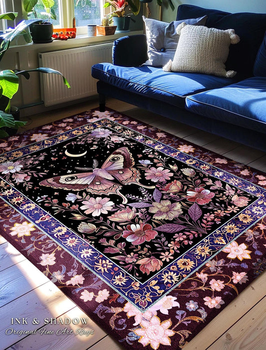 Purple Moth Celestial Rug Boho Fairycore Dark Floral Decor | Enchanted Fairy Cottagecore Butterfly Lovers Moth Moon Rug Whimsical Goth Gift