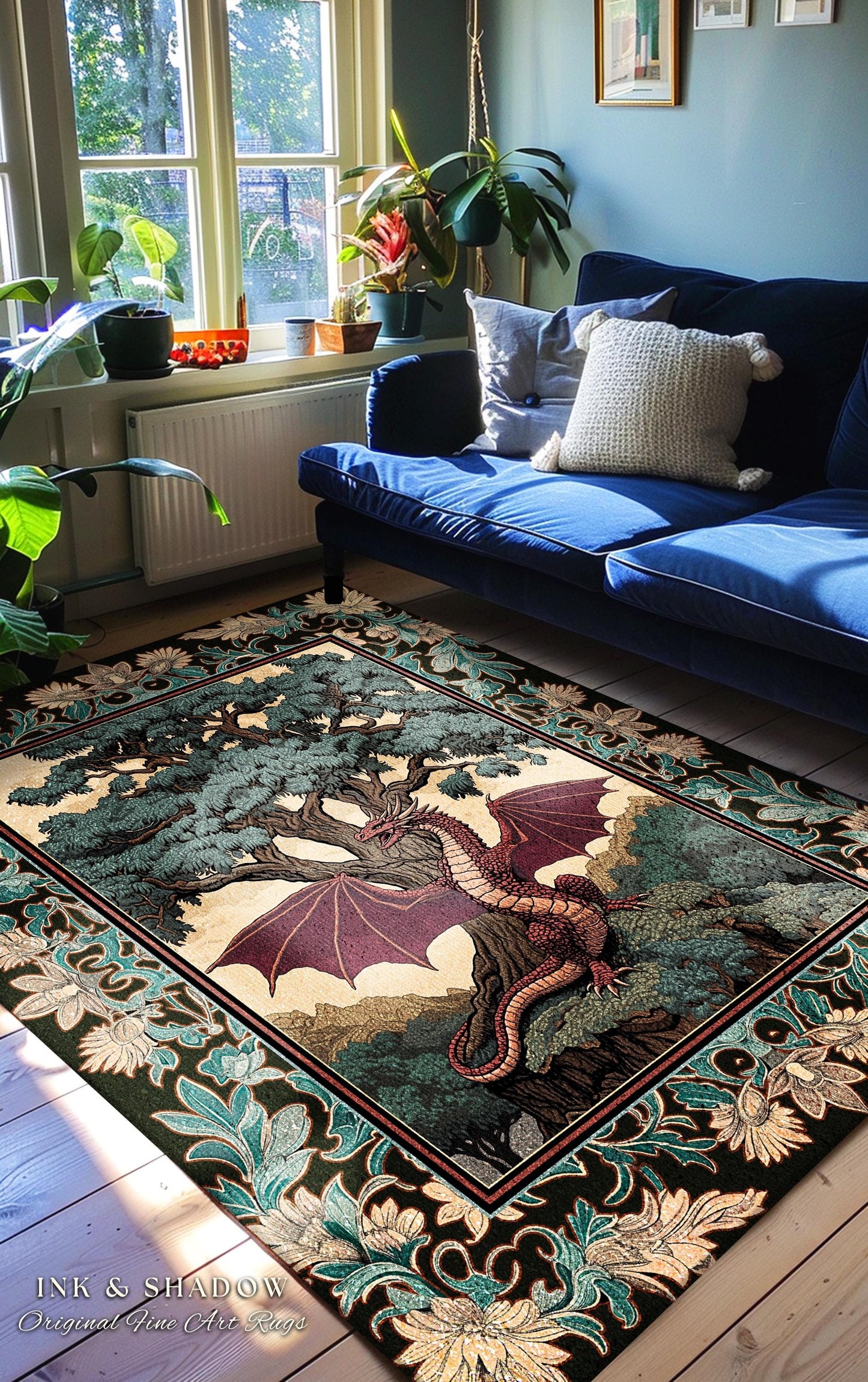 Dark Magic Medieval Dragon Area Rug | Fantasy Aesthetic Gothic Baroque Bedroom Tree of Life Mythical Creatures Bedroom Book Nook Carpet Rug