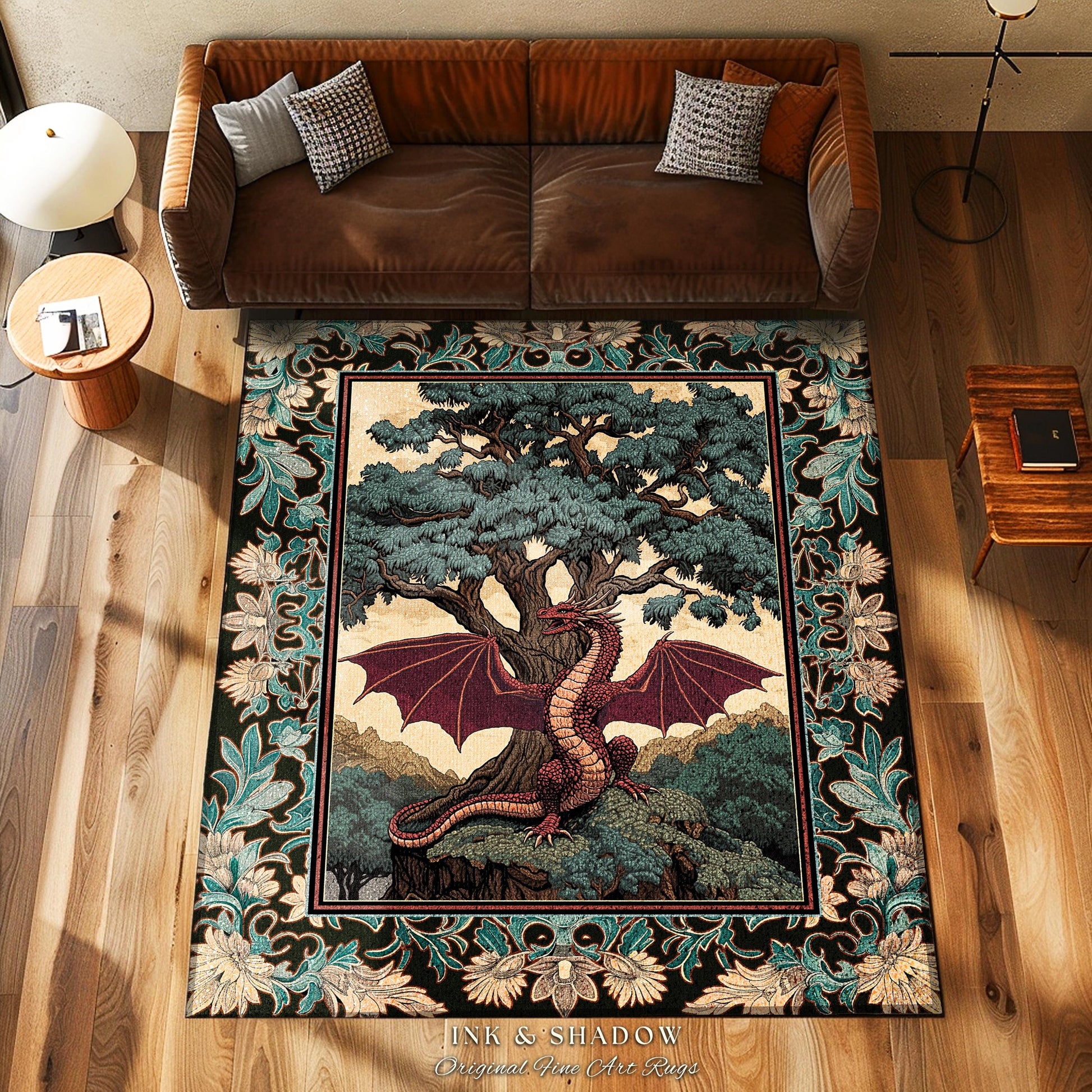 Dark Magic Medieval Dragon Area Rug | Fantasy Aesthetic Gothic Baroque Bedroom Tree of Life Mythical Creatures Bedroom Book Nook Carpet Rug