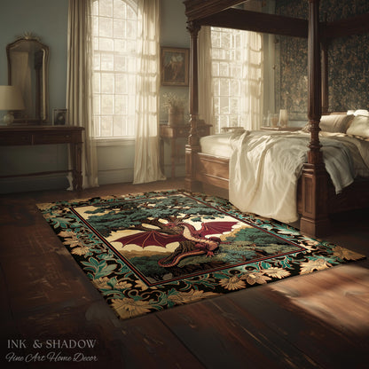 Dark Magic Medieval Dragon Area Rug | Fantasy Aesthetic Gothic Baroque Bedroom Tree of Life Mythical Creatures Bedroom Book Nook Carpet Rug