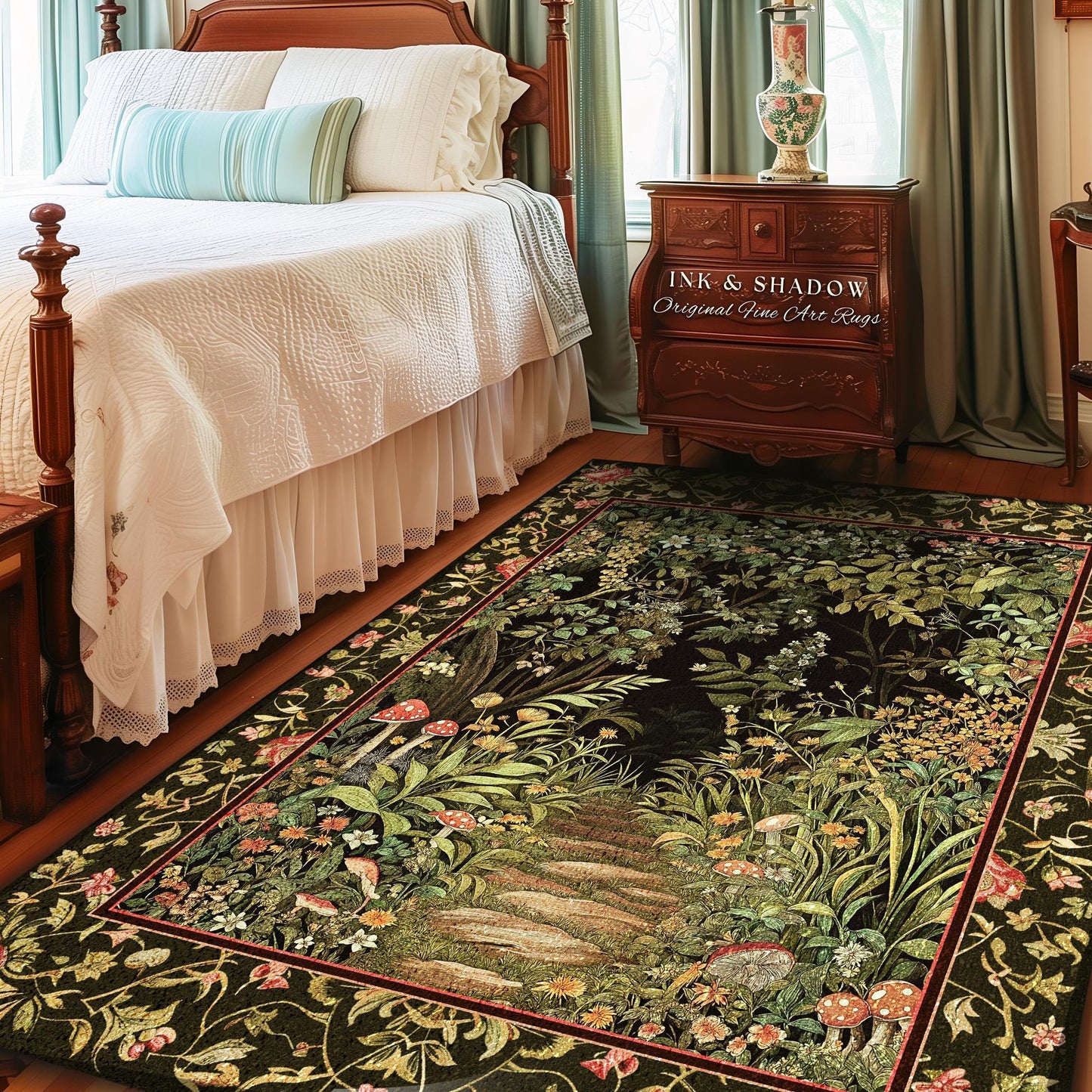 May include: A rectangular area rug with a forest scene design. The rug features a dark background with a path leading through a forest, with mushrooms and flowers. The border is dark green with a red accent.