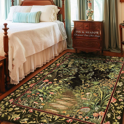 May include: A rectangular area rug with a forest scene design. The rug features a dark background with a path leading through a forest, with mushrooms and flowers. The border is dark green with a red accent.