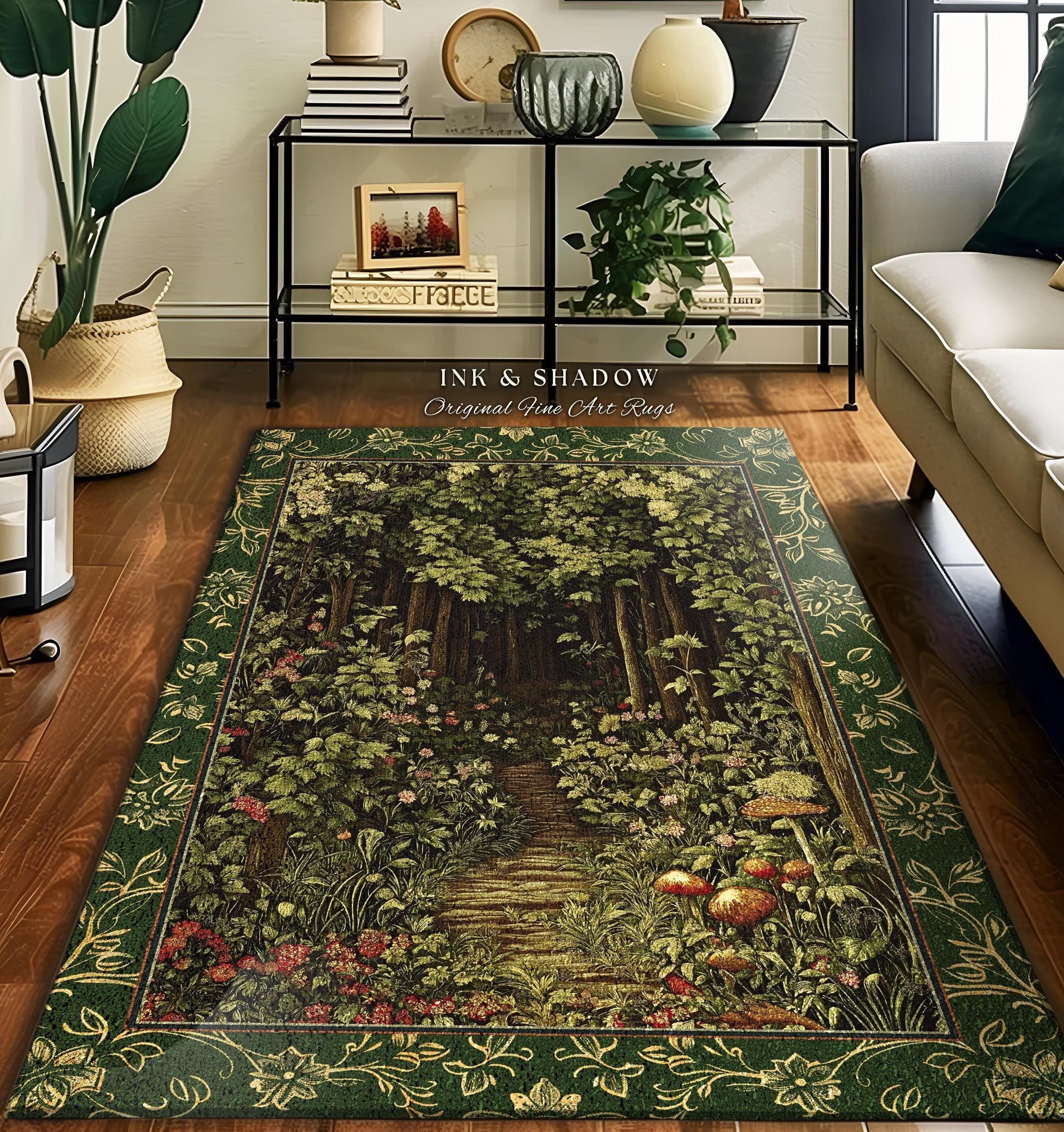 May include: A rectangular area rug with a forest scene. The rug features a path leading into a lush forest with trees, flowers, and mushrooms. The border is green with a floral design. The text "INK & SHADOW Original Fine Art Rugs" is visible.