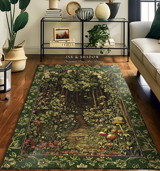 May include: A rectangular area rug with a forest scene. The rug features a path leading into a lush forest with trees, flowers, and mushrooms. The border is green with a floral design. The text "INK & SHADOW Original Fine Art Rugs" is visible.