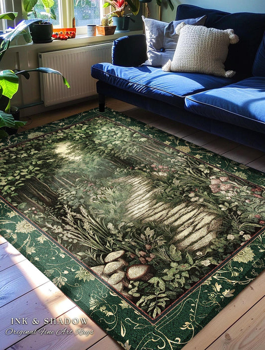 Ethereal Woodland Meadow Rug | Dark Academia Folklore Fairy Core Aesthetic Accent Rug Magical Bedroom Emerald Green Home Decor Botanical |