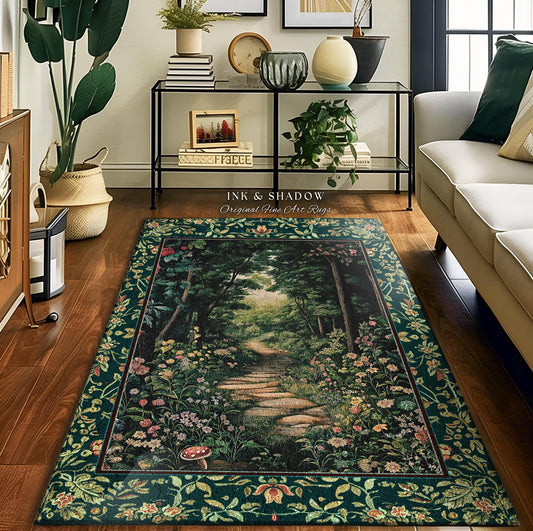 May include: A rectangular area rug with a forest path design. The rug features a dark green border with floral patterns. The central image depicts a stone path winding through a lush forest with trees and flowers. The text "INK & SHADOW Original Fine Art Rugs" is visible.