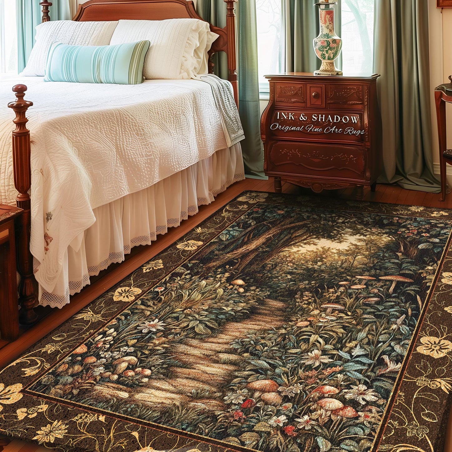 May include: A rectangular area rug with a forest path design. The rug features a brown border with floral accents and a central image of a stone path winding through a lush forest with trees, mushrooms, and flowers. The text "INK & SHADOW Original Fine Art Rugs" is visible.