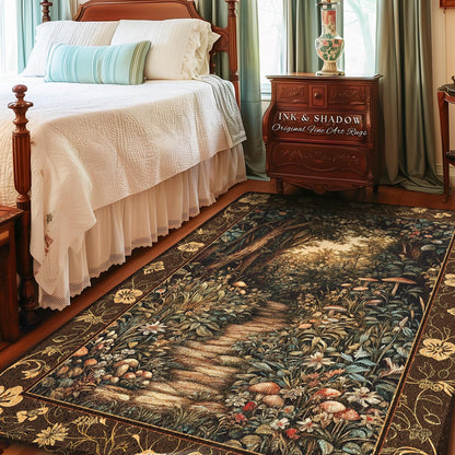 May include: A rectangular area rug with a forest path design. The rug features a brown border with floral accents and a central image of a stone path winding through a lush forest with trees, mushrooms, and flowers. The text "INK & SHADOW Original Fine Art Rugs" is visible.