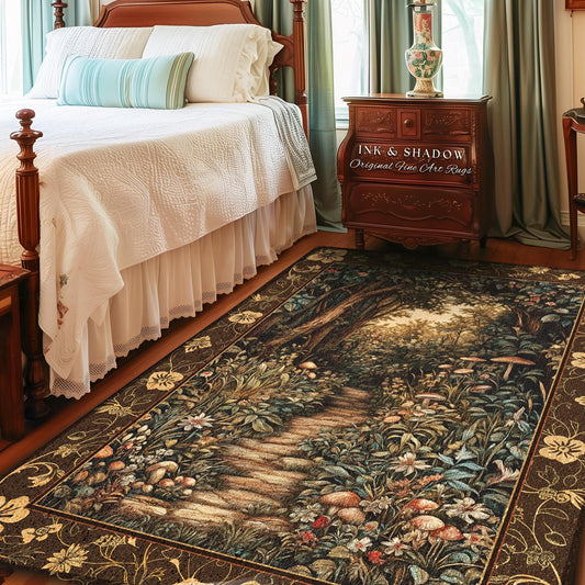 May include: A rectangular area rug with a forest path design. The rug features a brown border with floral accents and a central image of a stone path winding through a lush forest with trees, mushrooms, and flowers. The text "INK & SHADOW Original Fine Art Rugs" is visible.