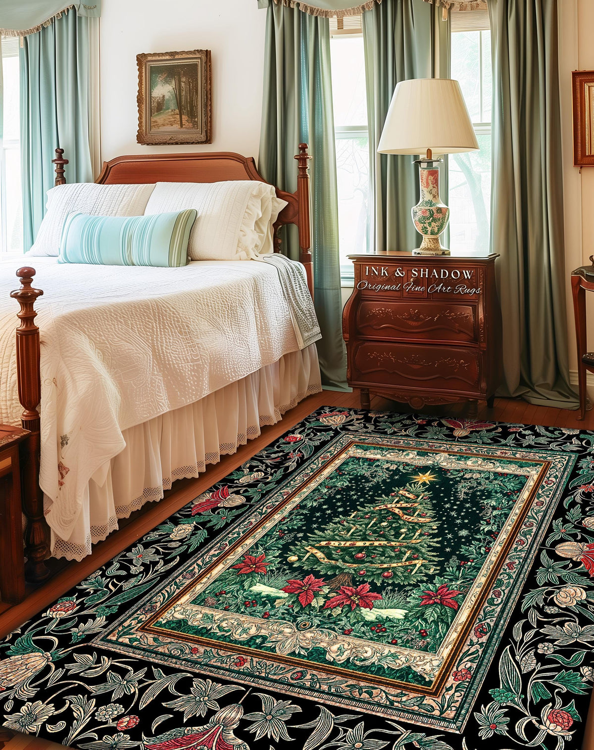 May include: A rectangular area rug with a Christmas tree design. The rug features a dark green background with a detailed Christmas tree, red poinsettias, and a gold star. The border is black with floral patterns.