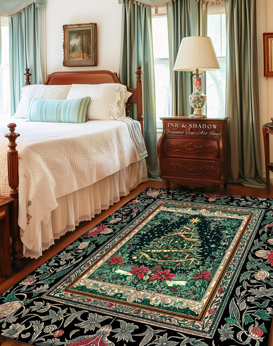May include: A rectangular area rug with a Christmas tree design. The rug features a dark green background with a detailed Christmas tree, red poinsettias, and a gold star. The border is black with floral patterns.