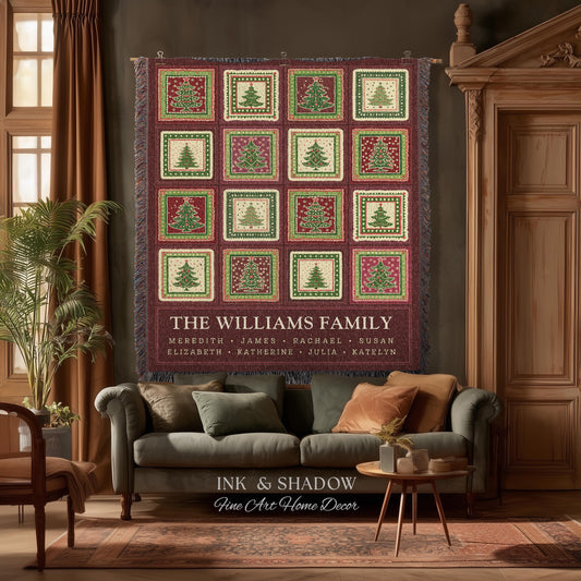 Family Tree Personalized Festive Christmas Tapestry Blanket Sentimental Gift for Grandparent with Names Custom Vintage Style Holiday Throw