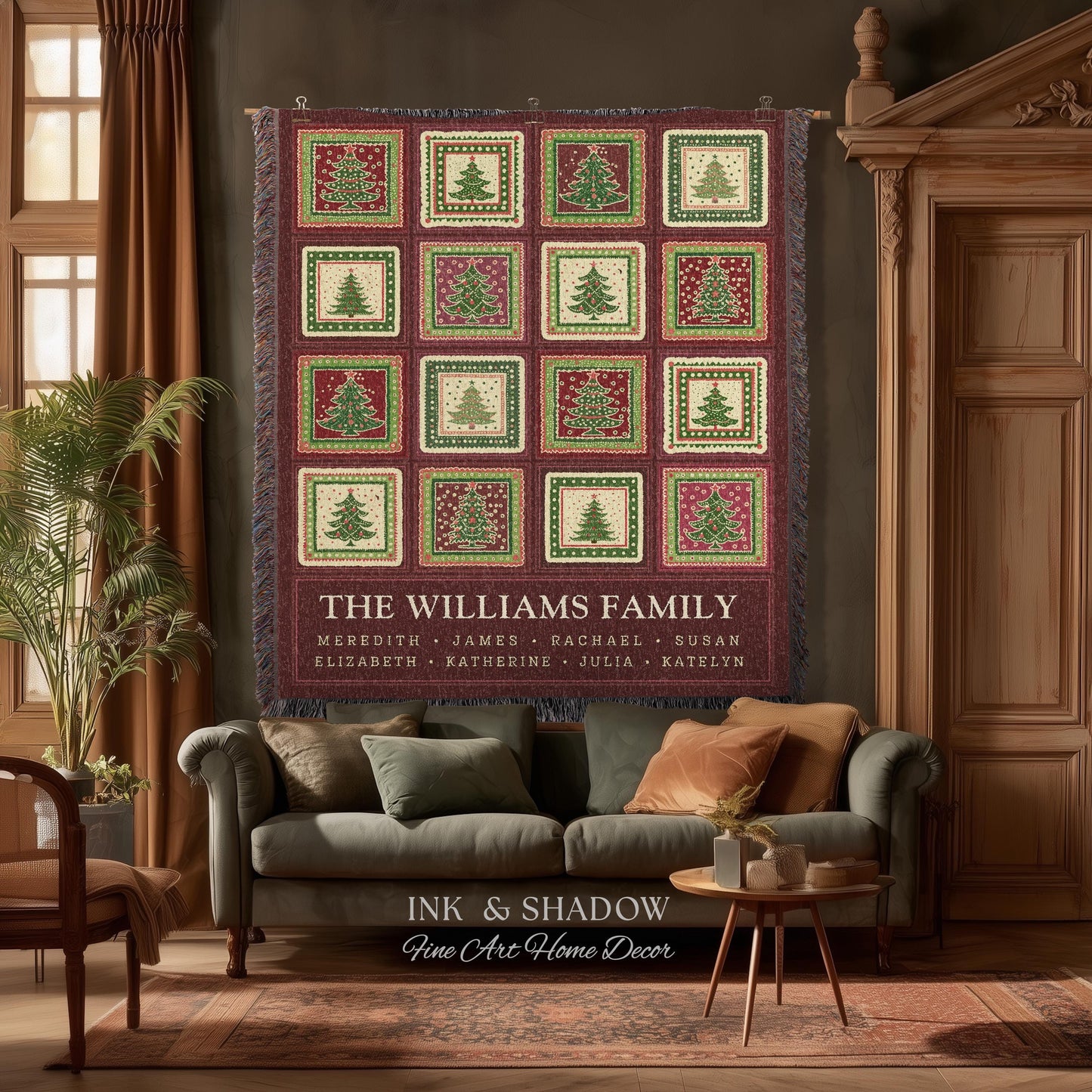 Family Tree Personalized Festive Christmas Tapestry Blanket Sentimental Gift for Grandparent with Names Custom Vintage Style Holiday Throw
