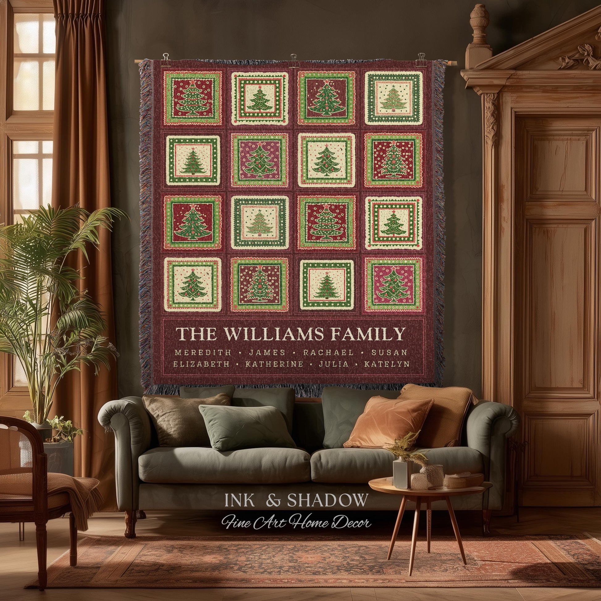 Family Tree Personalized Festive Christmas Tapestry Blanket Sentimental Gift for Grandparent with Names Custom Vintage Style Holiday Throw