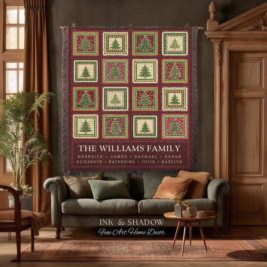 Family Tree Personalized Festive Christmas Tapestry Blanket Sentimental Gift for Grandparent with Names Custom Vintage Style Holiday Throw