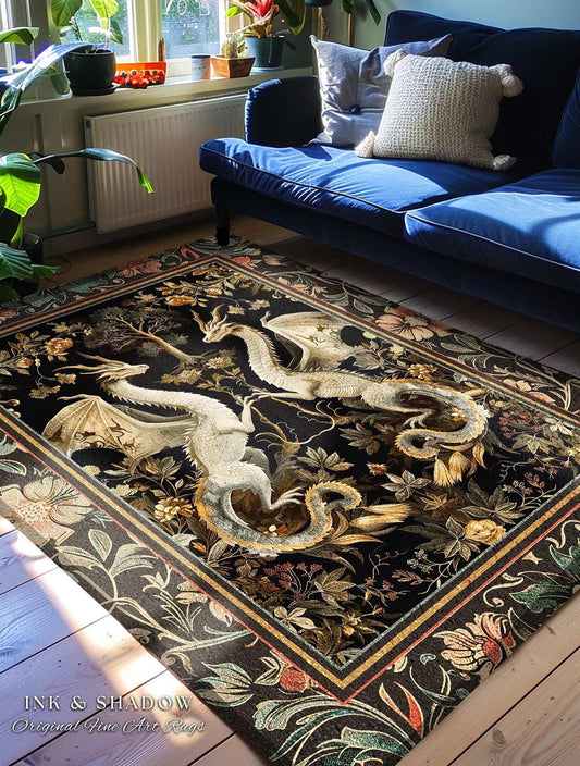 Fantasy Inspired Dragon Rug Victorian Gothic Decor | Enchanted Medieval Dragon Lovers Light Academia Rug Whimsigothic Fantasy Art Mystic Rug