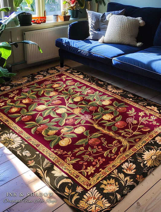 Medieval Aesthetic Chenille Rug | Boho Aesthetic Living Room Maroon Home Decor Rustic Housewarming Gift Cottagecore Earthy Bedroom Floor Mat