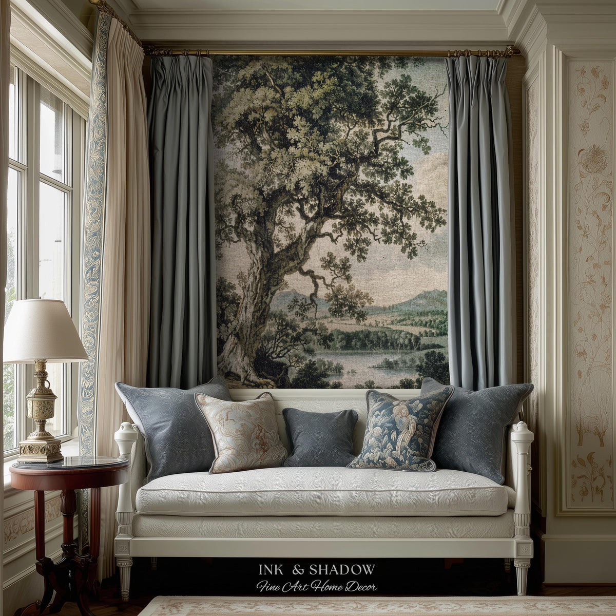 Timeless Oak River Valley Landscape Woven Tapestry Wall Art | Old World European Countryside Waterside Pastoral Heritage Home Textile Decor