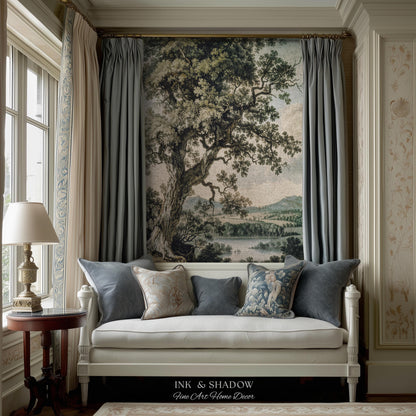 Timeless Oak River Valley Landscape Woven Tapestry Wall Art | Old World European Countryside Waterside Pastoral Heritage Home Textile Decor