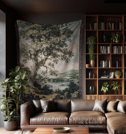 Timeless Oak River Valley Landscape Woven Tapestry Wall Art | Old World European Countryside Waterside Pastoral Heritage Home Textile Decor