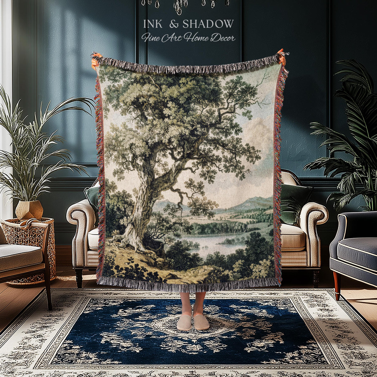 Timeless Oak River Valley Landscape Woven Tapestry Wall Art | Old World European Countryside Waterside Pastoral Heritage Home Textile Decor