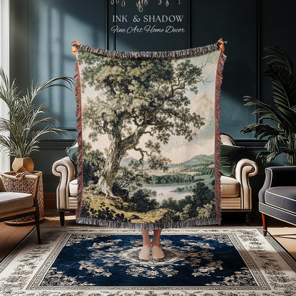 Timeless Oak River Valley Landscape Woven Tapestry Wall Art | Old World European Countryside Waterside Pastoral Heritage Home Textile Decor