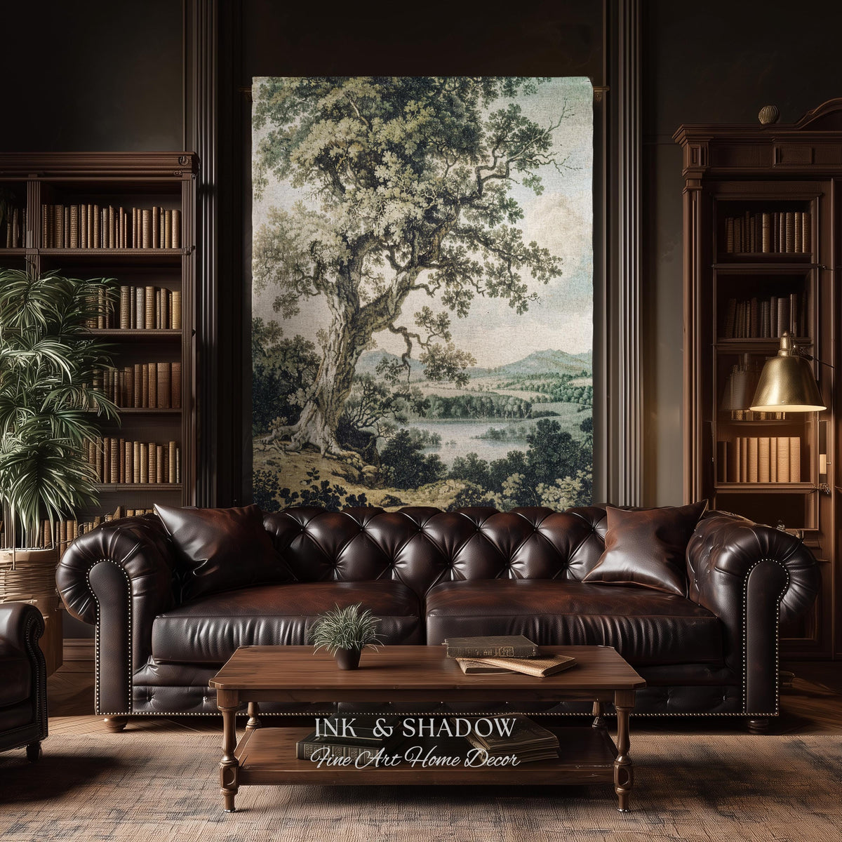 Timeless Oak River Valley Landscape Woven Tapestry Wall Art | Old World European Countryside Waterside Pastoral Heritage Home Textile Decor