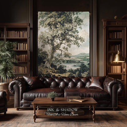 Timeless Oak River Valley Landscape Woven Tapestry Wall Art | Old World European Countryside Waterside Pastoral Heritage Home Textile Decor
